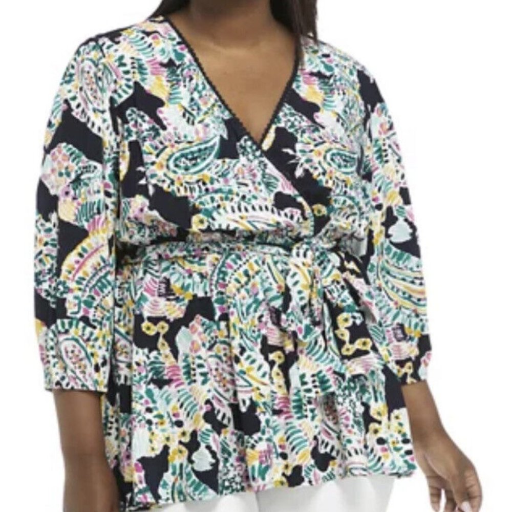Crown & Ivy Paisley Faux Wrap Babydoll Blouse Top 2X Business Casual 3/4 Sleeves